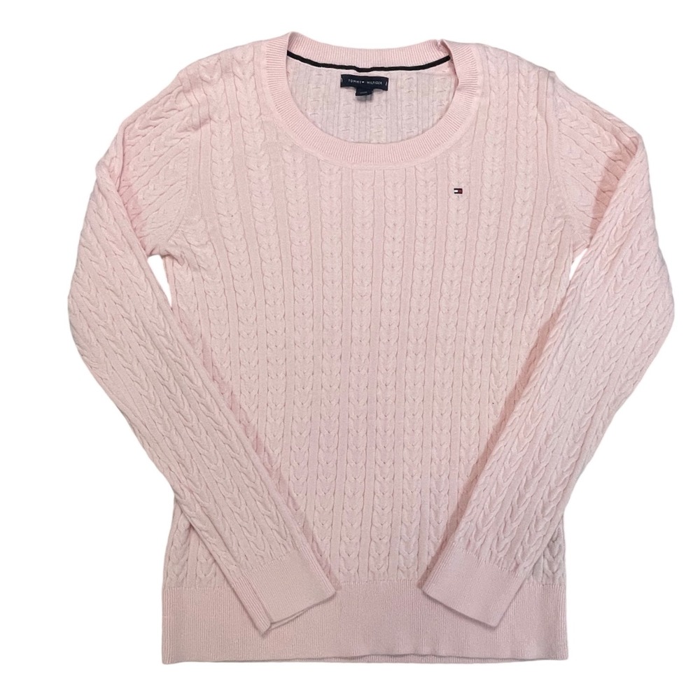 Tommy Hilfiger Women's Cable Knit Sweater Pink Size Medium preppy vtg y2k fitted